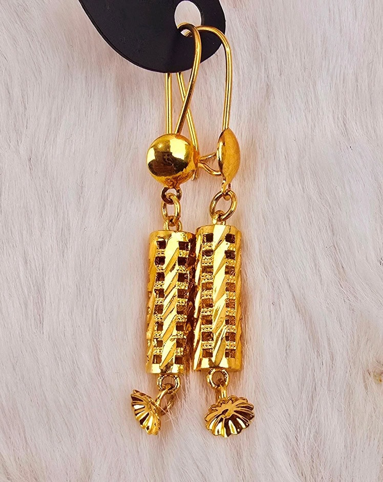Textured Column Drop Earrings with Fluted Floral Charms (E-006)