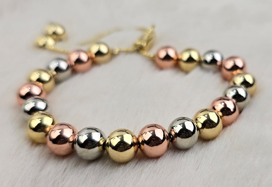 Tri-Tone High-Polish Metallic Bead Bracelet (Br-016)