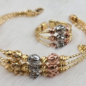 Ornate Triple-Strand Tri-Tone Bracelet & Filigree Ring Set (Br-026)