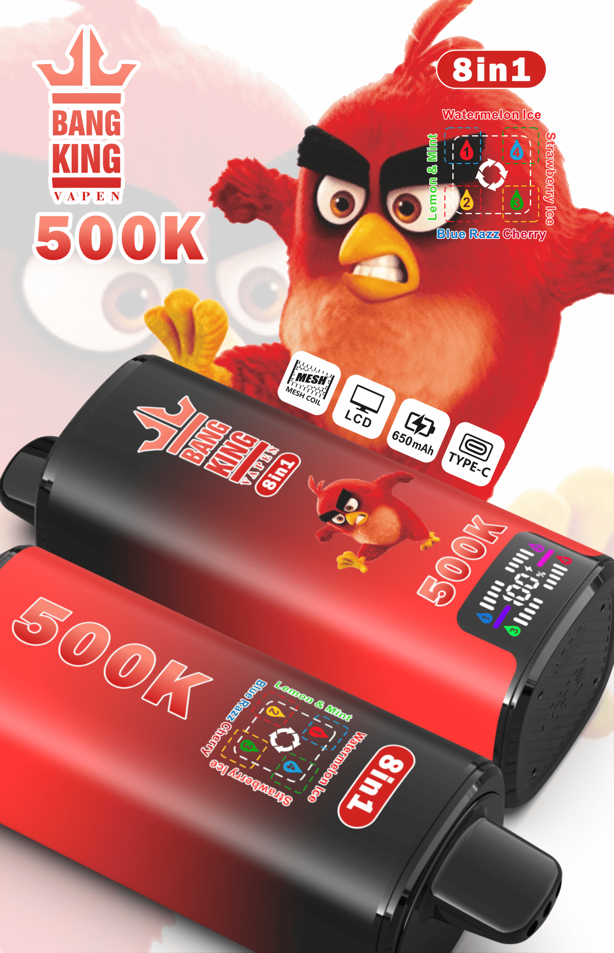 Bang King 500K Watermelon Ice/Lemon & Mint/Strawberry Ice/Blue Razz Cherry