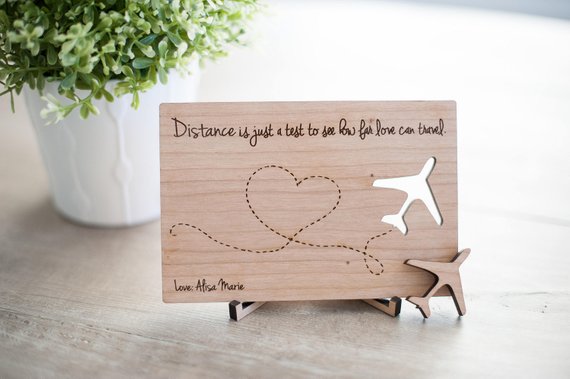 Wooden postcard - long distance relationship - Distance Is Just A Test Postcard