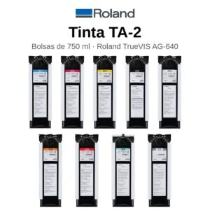 Gama de tintas Roland TA-2 en bolsas de 750 ml para la TrueVIS AG-640: cian, magenta, amarillo, negro, blanco, naranja, rojo, optimizador y líquido de limpieza