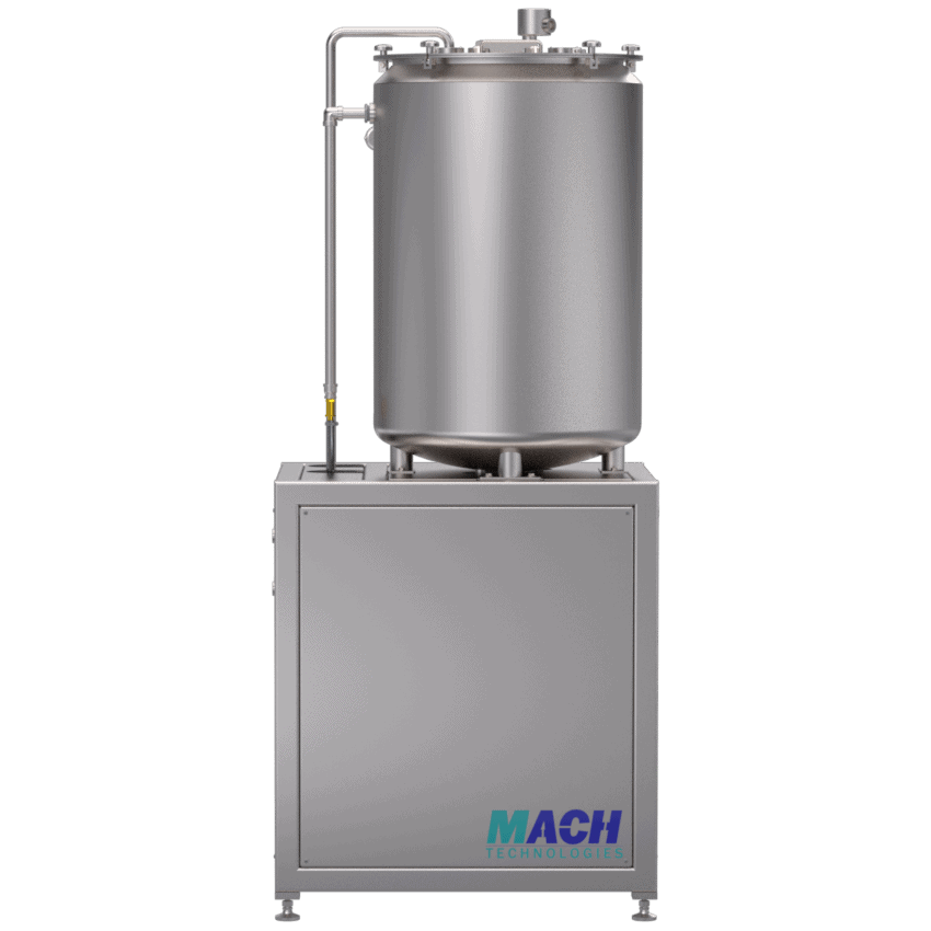 Stainless steel industrial mixing tank with control panel for manufacturing processes.