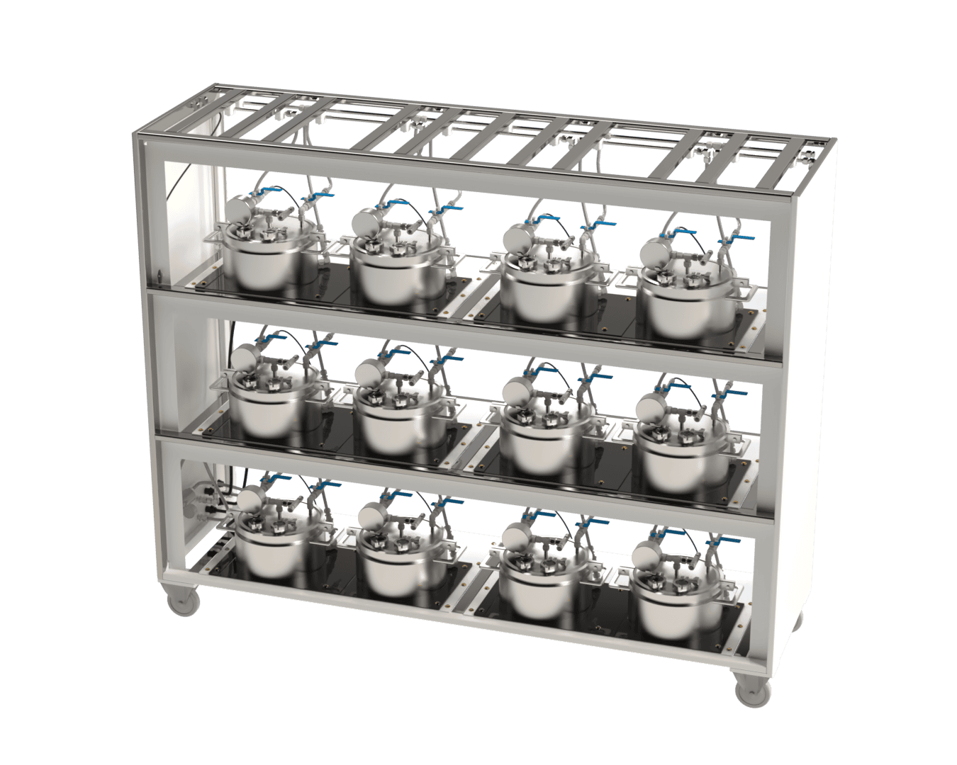Stainless steel lab reactor racks for industrial chemical processing and manufacturing.
