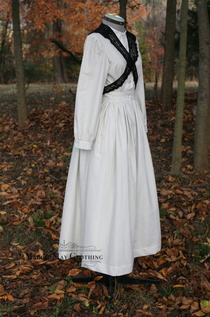 Victorian Era Work Dress in muted tone print – Maggie May Clothing- Fine Historical Fashion
