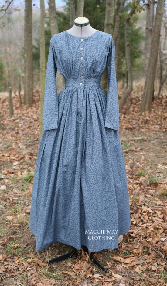 blue calico dress 1820s-1830s-1840s cotton – Maggie May Clothing- Fine Historical Fashion Antique guest-black Buff Vegan Leather Asymmetrical Size:4X (28-30) Collectible 3 pc