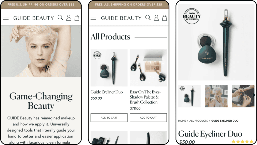 3 images of the Guide beauty website on mobile