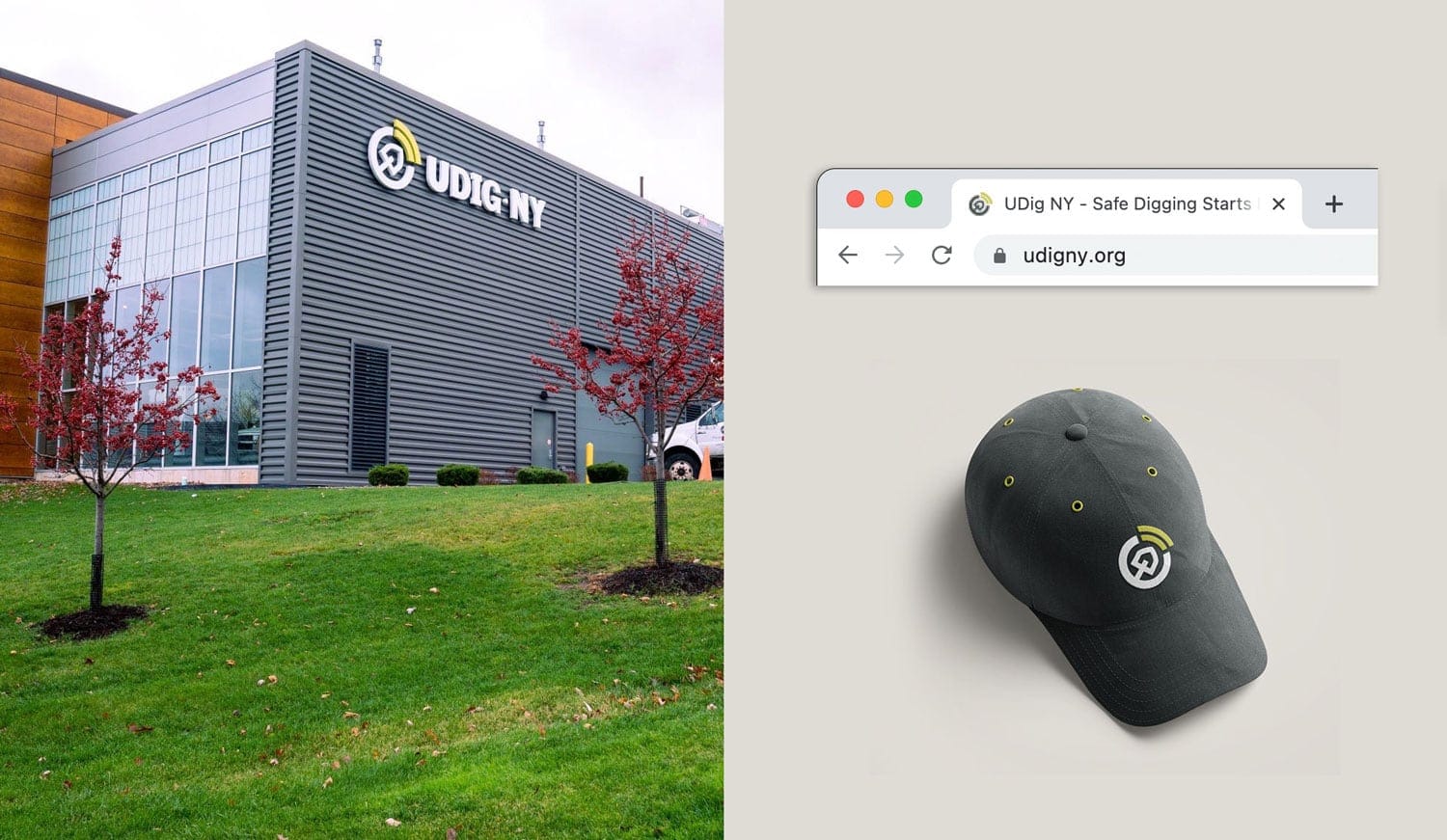 On left the UDig NY building with it's logo on the side. On Right a grey hat with the logo mark in the brand's colors.