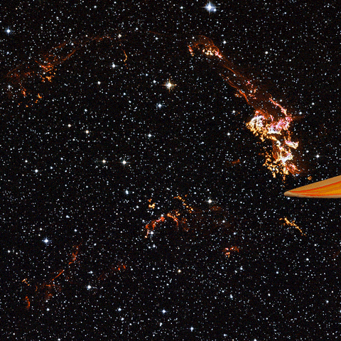 gif of a starbucks cup on a surfboard flying through space