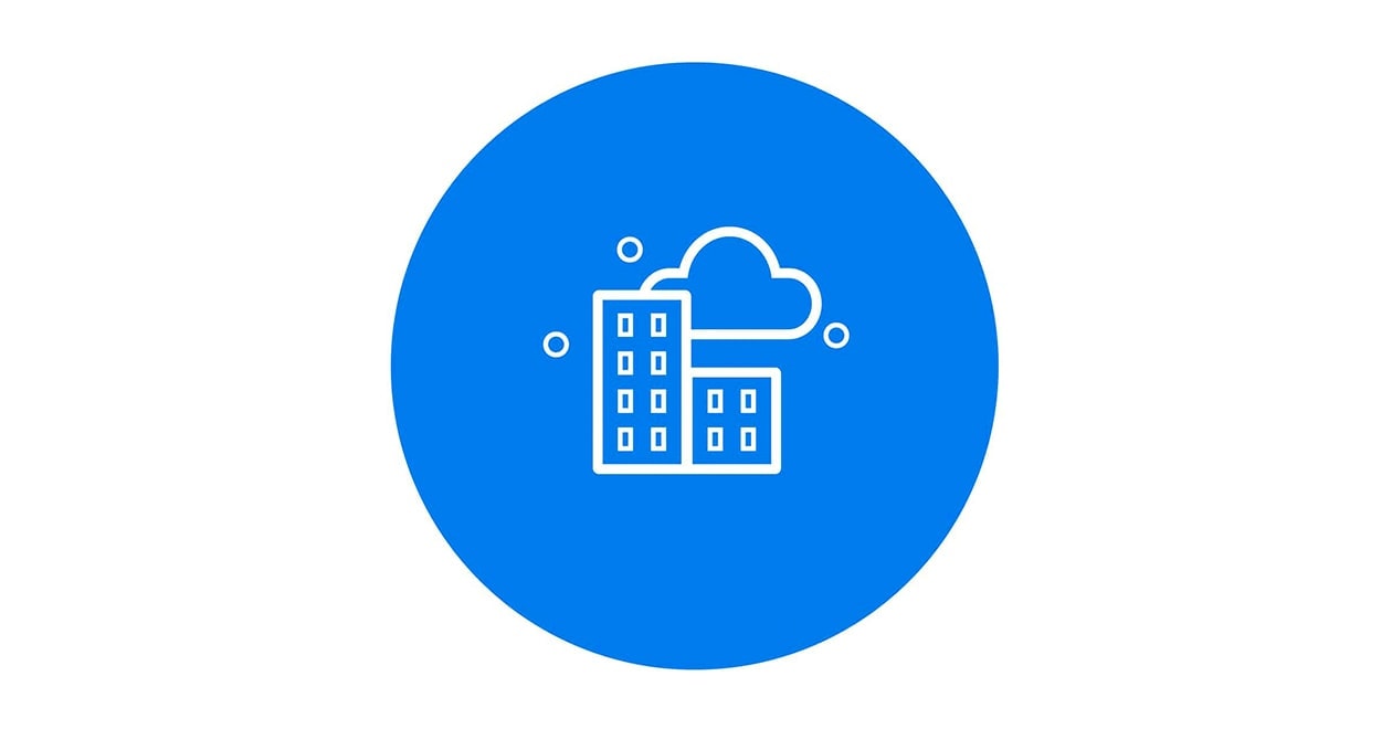 thin line icon of two buildings with a cloud and blue background