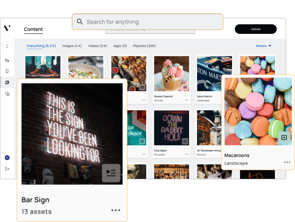 A digital content library interface displays image thumbnails, a search bar at the top, and highlighted categories for a bar sign and macarons.