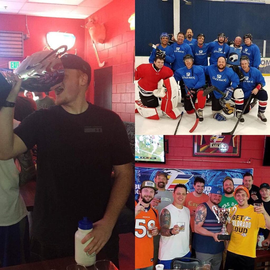 Three photos: a man drinks from a trophy, a group of hockey players pose on an ice rink, and a group of people pose indoors with drinks and a trophy.