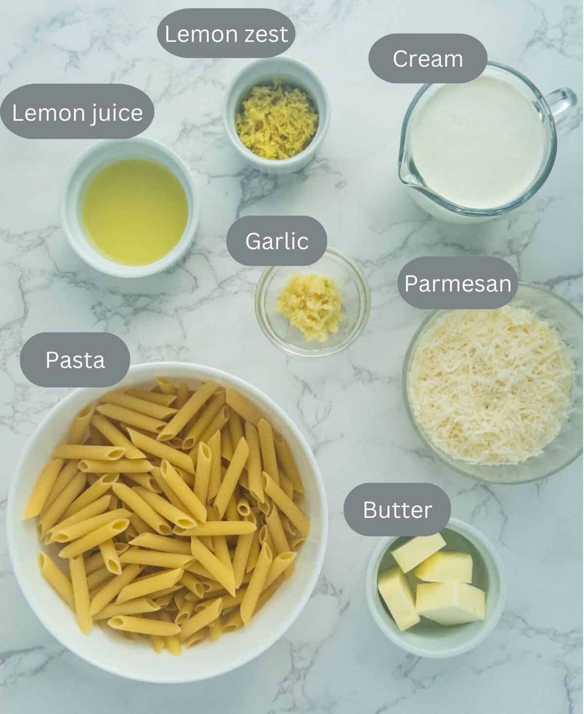 Pasta and sauce ingredients for the dish