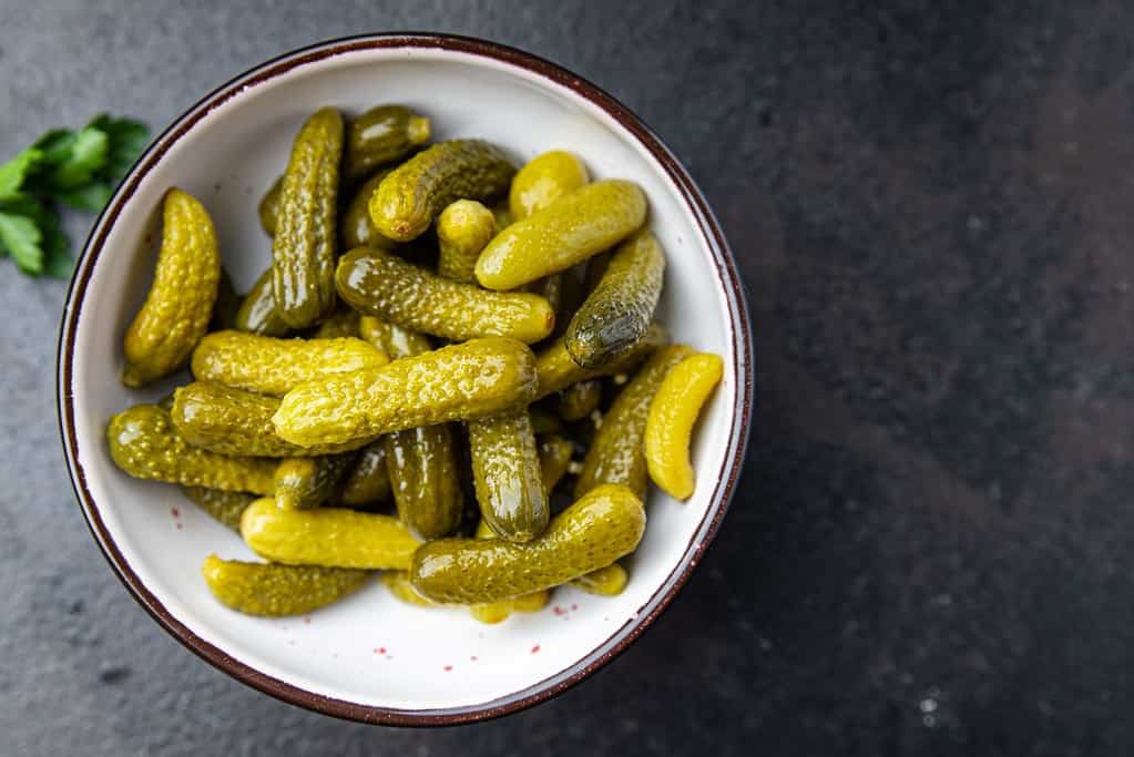 cornichon pickles in a bowl
