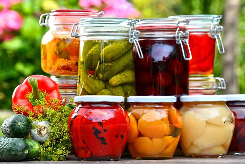 jars of pickled fruits and vegetables in a garden
