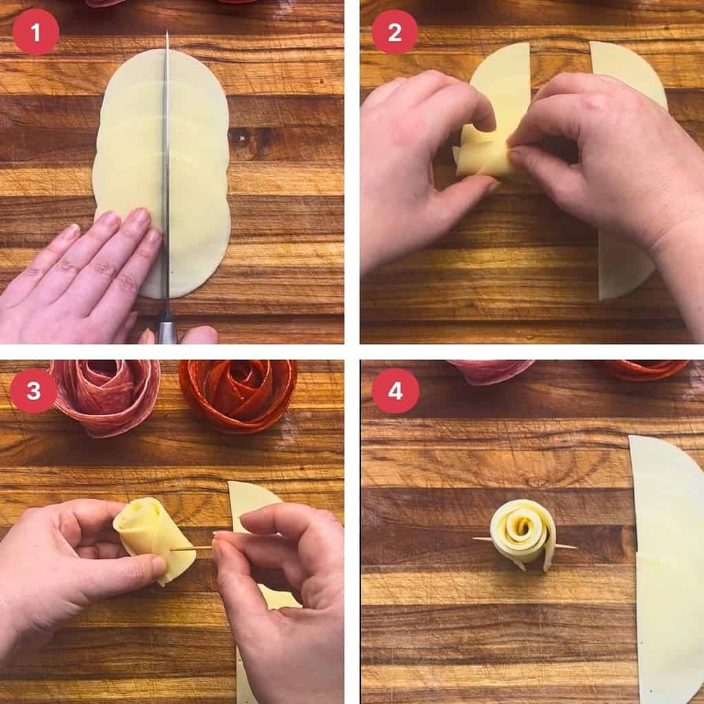Four process shots of making a cheese rose.