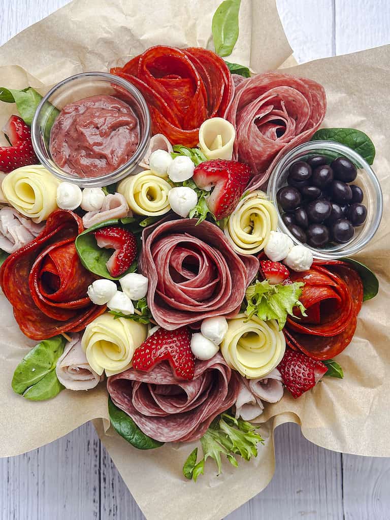Valentine's Day themed charcuterie bouquet with meat and cheese roses.