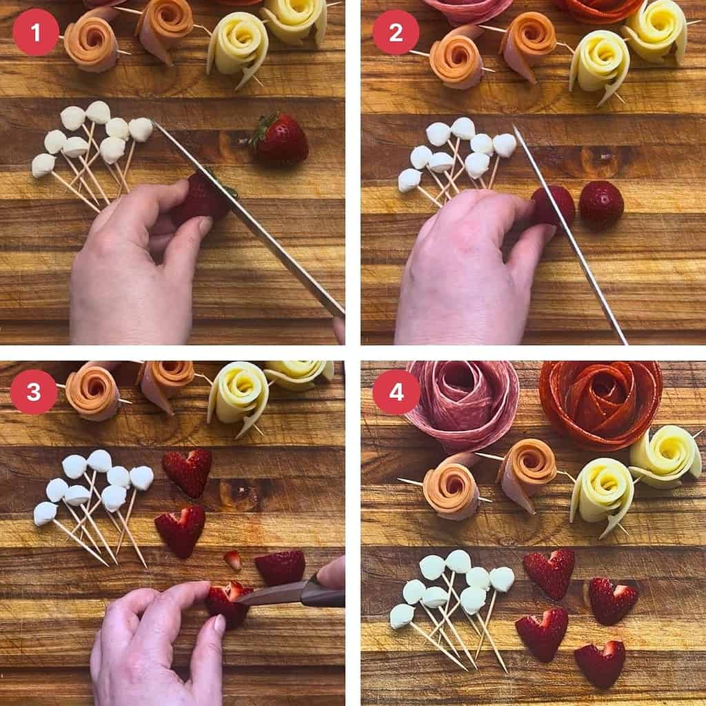 Four numbered process shots of making a strawberry hearts.