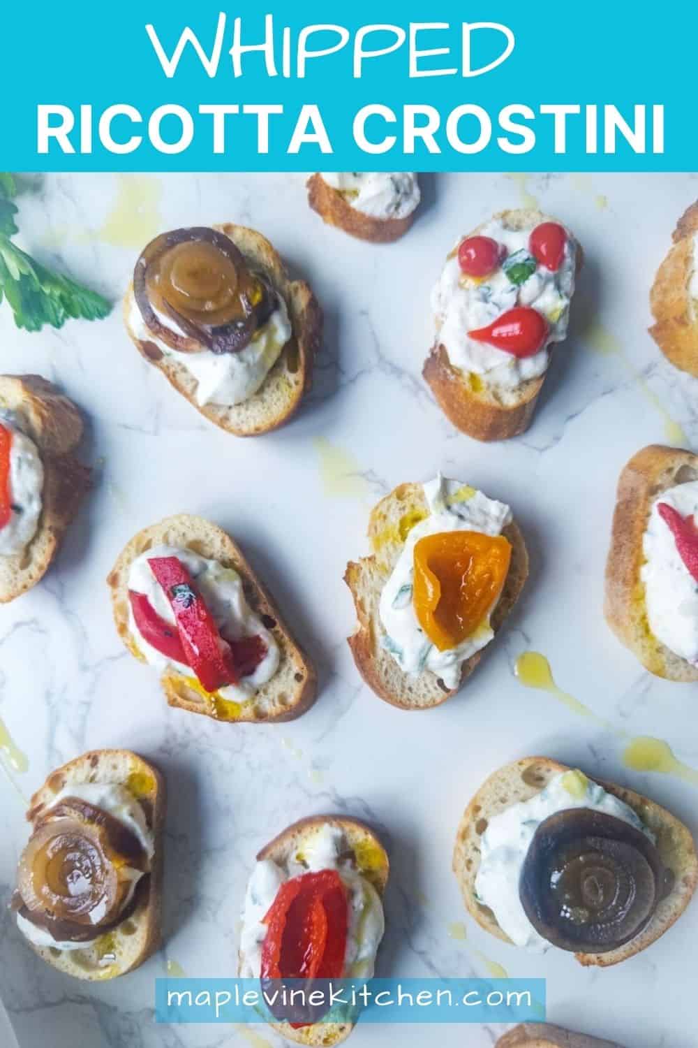 Whipped ricotta with antipasto toppings on top of crostini.