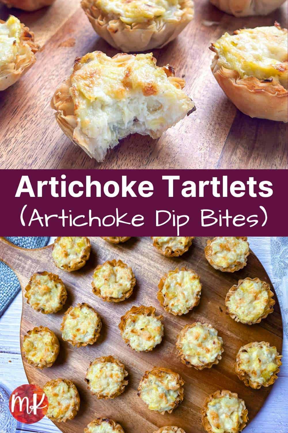 Pinterest pin image with two photos of artichoke tartlets on a wooden board.