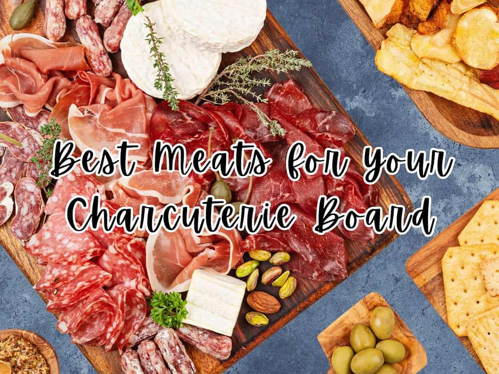 Charcuterie board with various charcuterie meats and accompaniments.