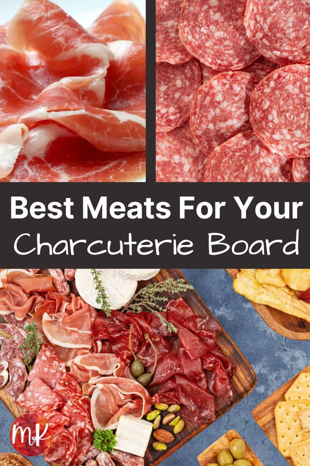Pinterest image with charcuterie meats and the title in white font over black background.