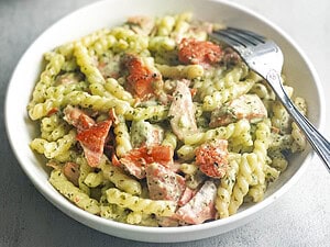 Salmon and casarecce pasta in a creamy pesto sauce