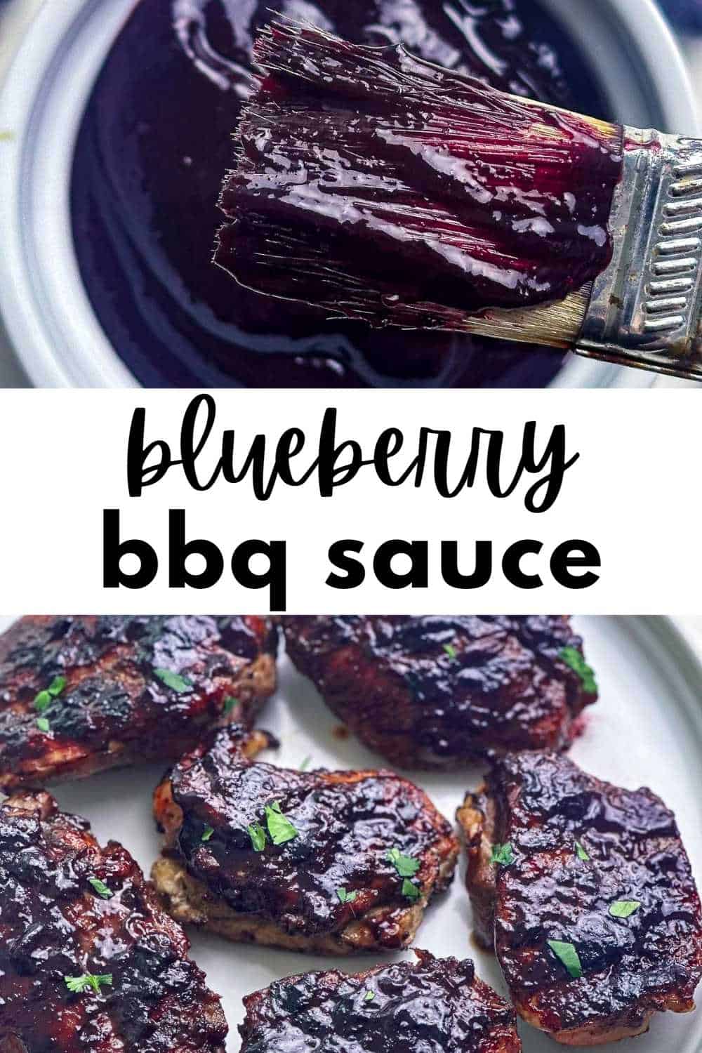Blueberry BBQ sauce on a basting brush and on grilled chicken on a plate.
