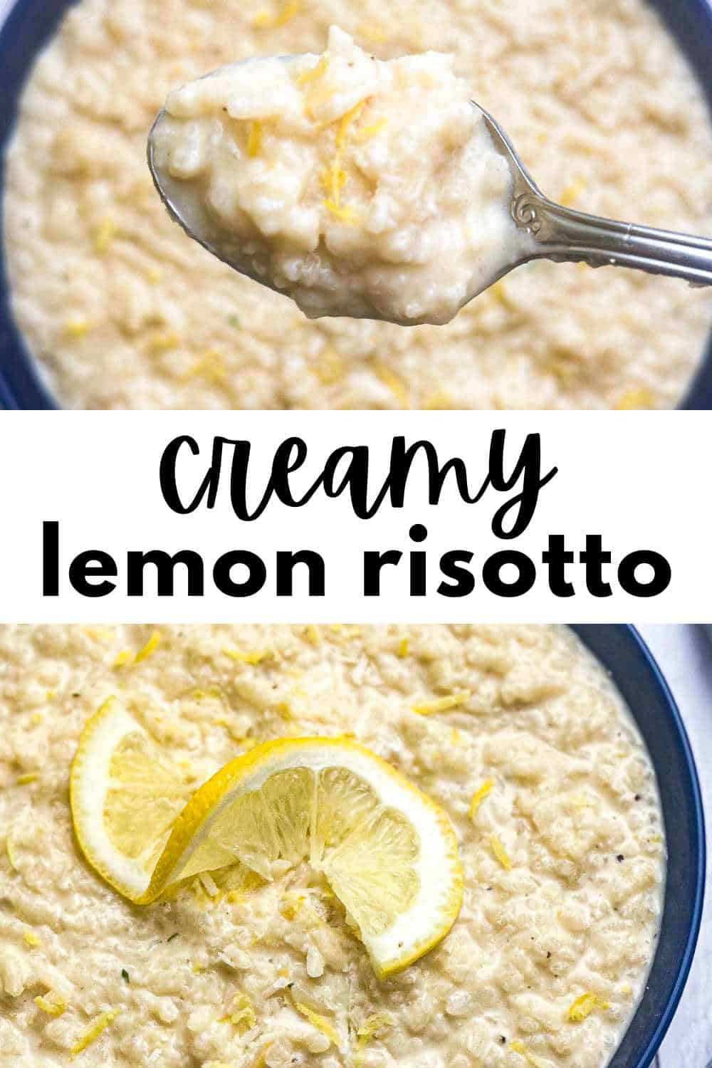 Creamy lemon risotto in a blue bowl and on a spoon.
