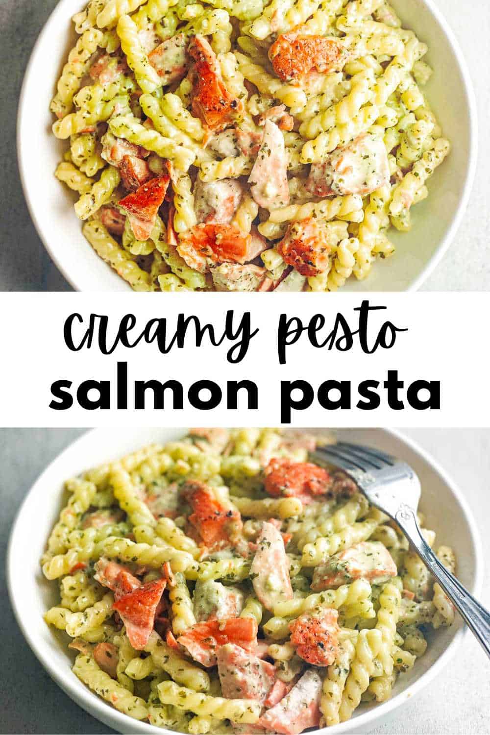 Two photos of salmon, pasta, and creamy pesto sauce in a white bowl.
