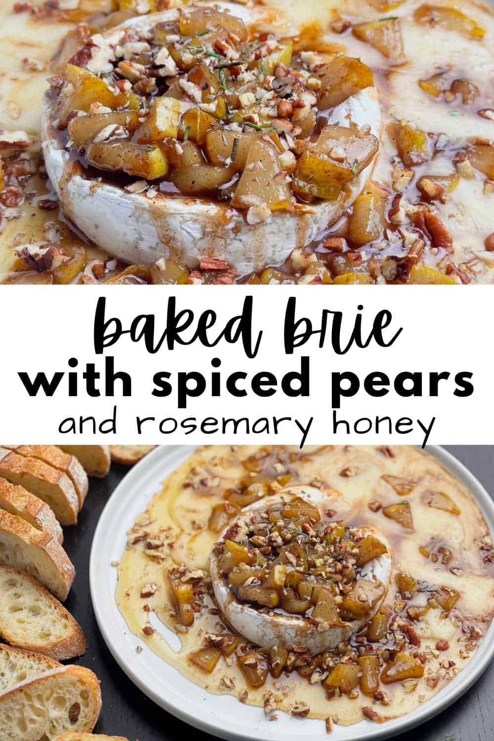 Brie with pears, pecans, and honey on a round white plate with sliced baguette on the side.