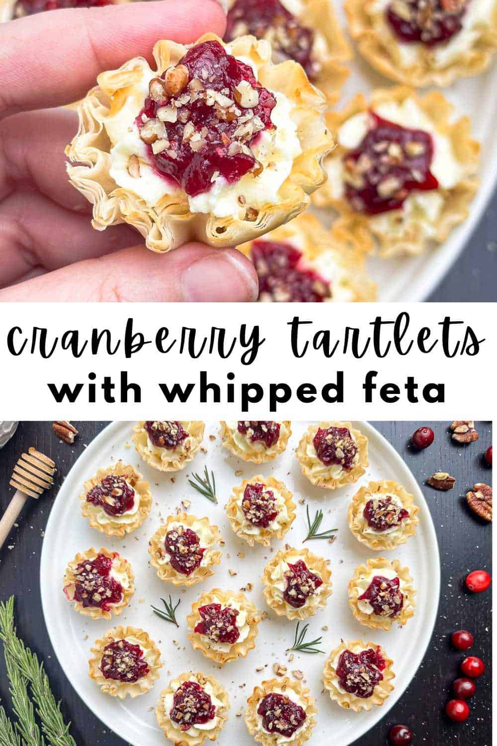 Cranberry tartlets on a round white plate with rosemary and cranberries surrounding.