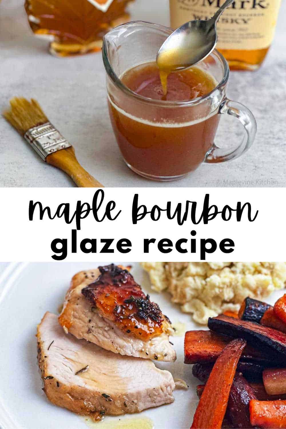Maple bourbon glaze in a carafe with a spoon and sliced roast turkey on a plate.