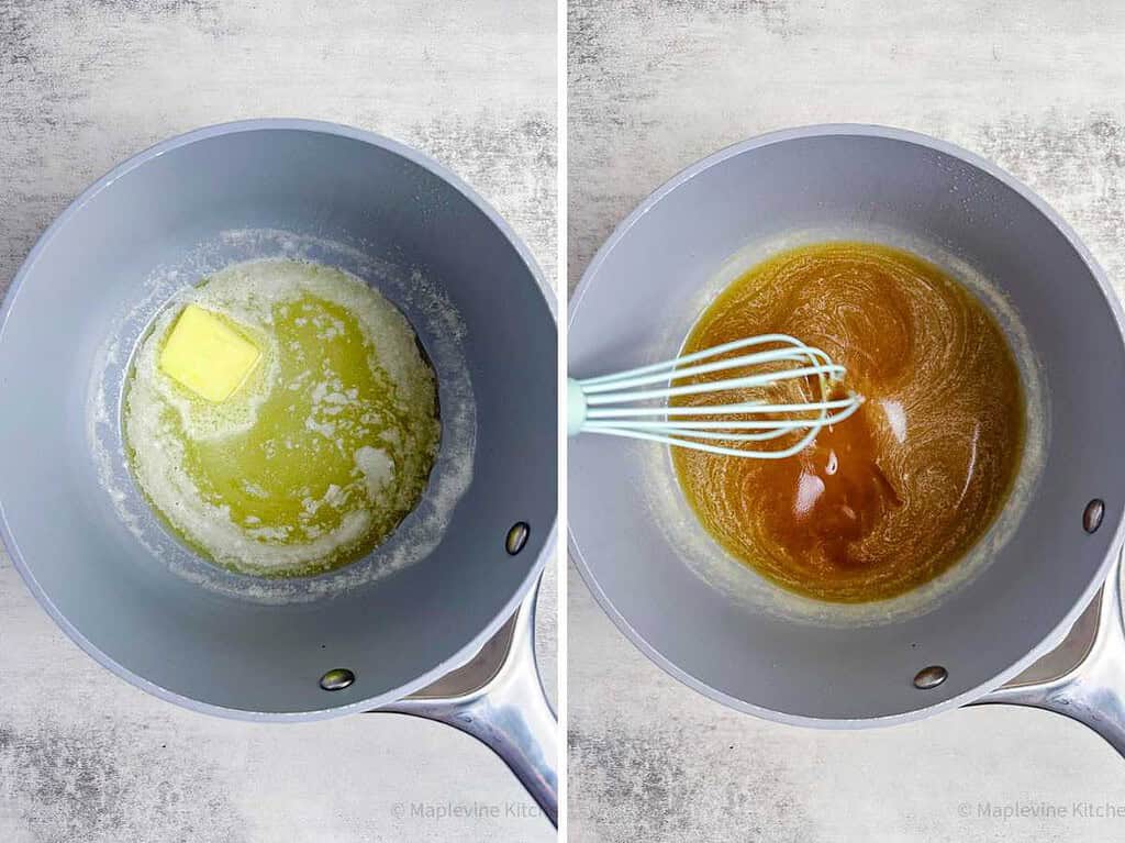 Butter and maple bourbon glaze in a saucepan.