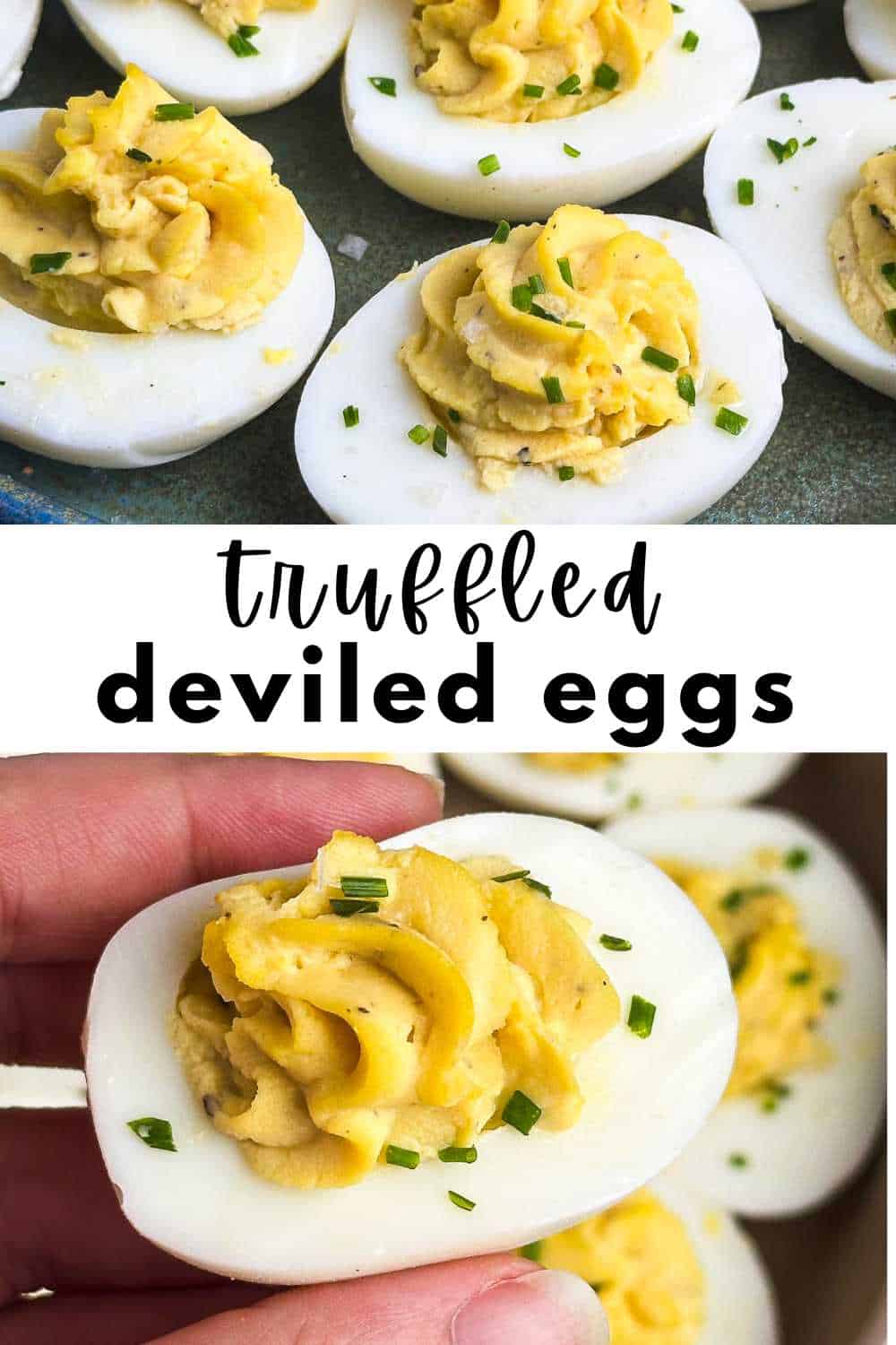 Truffled deviled eggs on a plate with chive garnish and fingers holding one deviled egg.