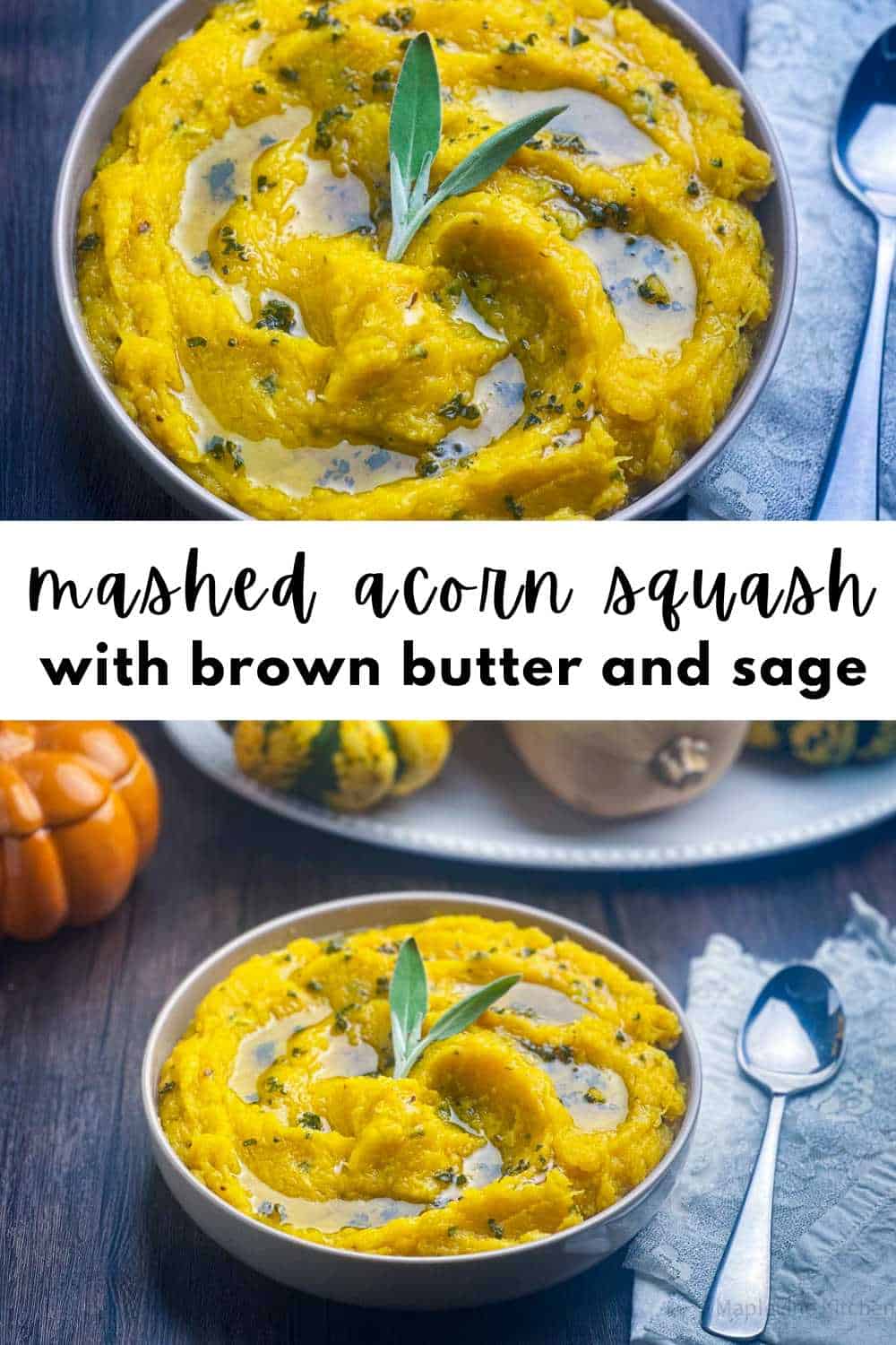 Mashed acorn squash in a bowl with a spoon on the side.