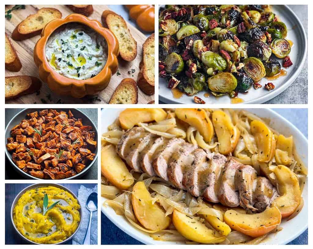Pork tenderloin with apples and onions, mashed acorn squash, roasted sweet potatoes, brussels sprouts, and burrata dip, thanksgiving dinner for 4 photo collage.
