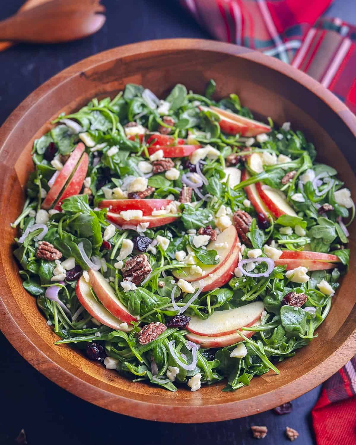 Arugula salad with apples, cheddar, pecans, and cranberries in a wooden bowl.