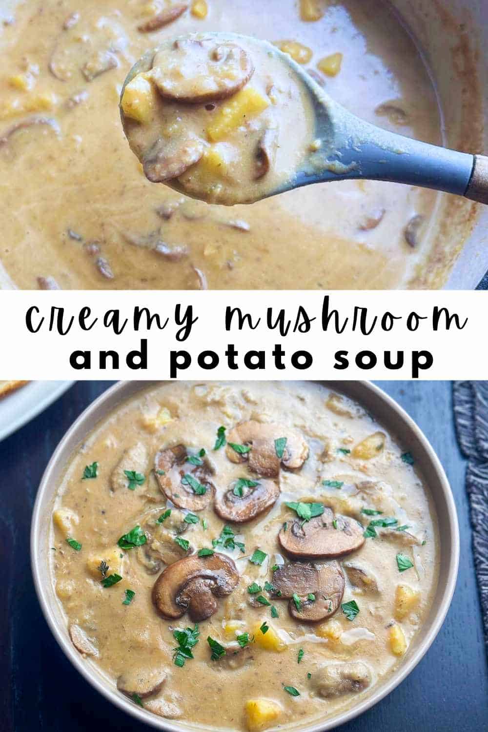 Creamy mushroom and potato soup in pot with a large spoon and in bowl with parsley.
