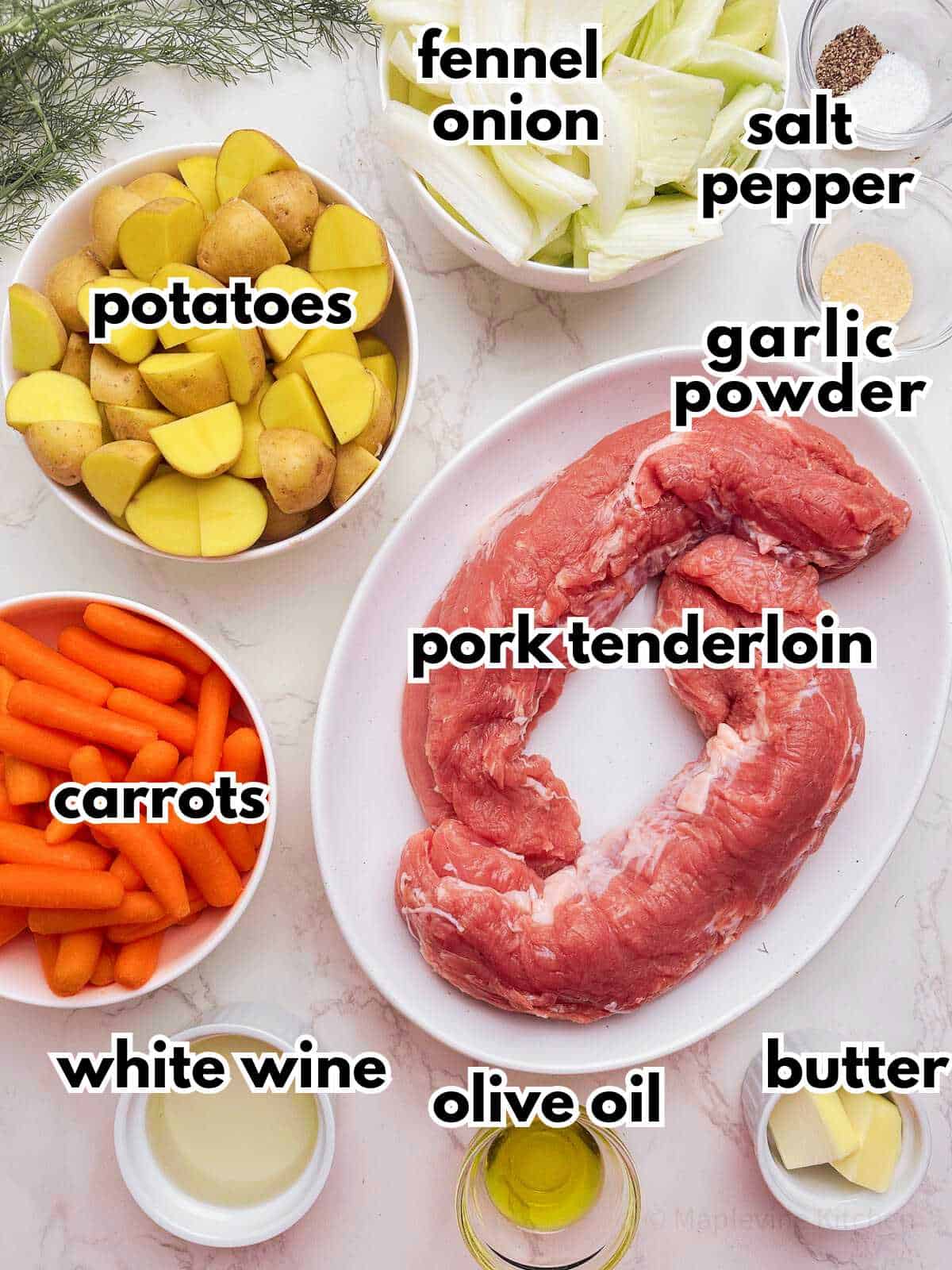 Ingredients for Dutch oven pork tenderloin with vegetables.
