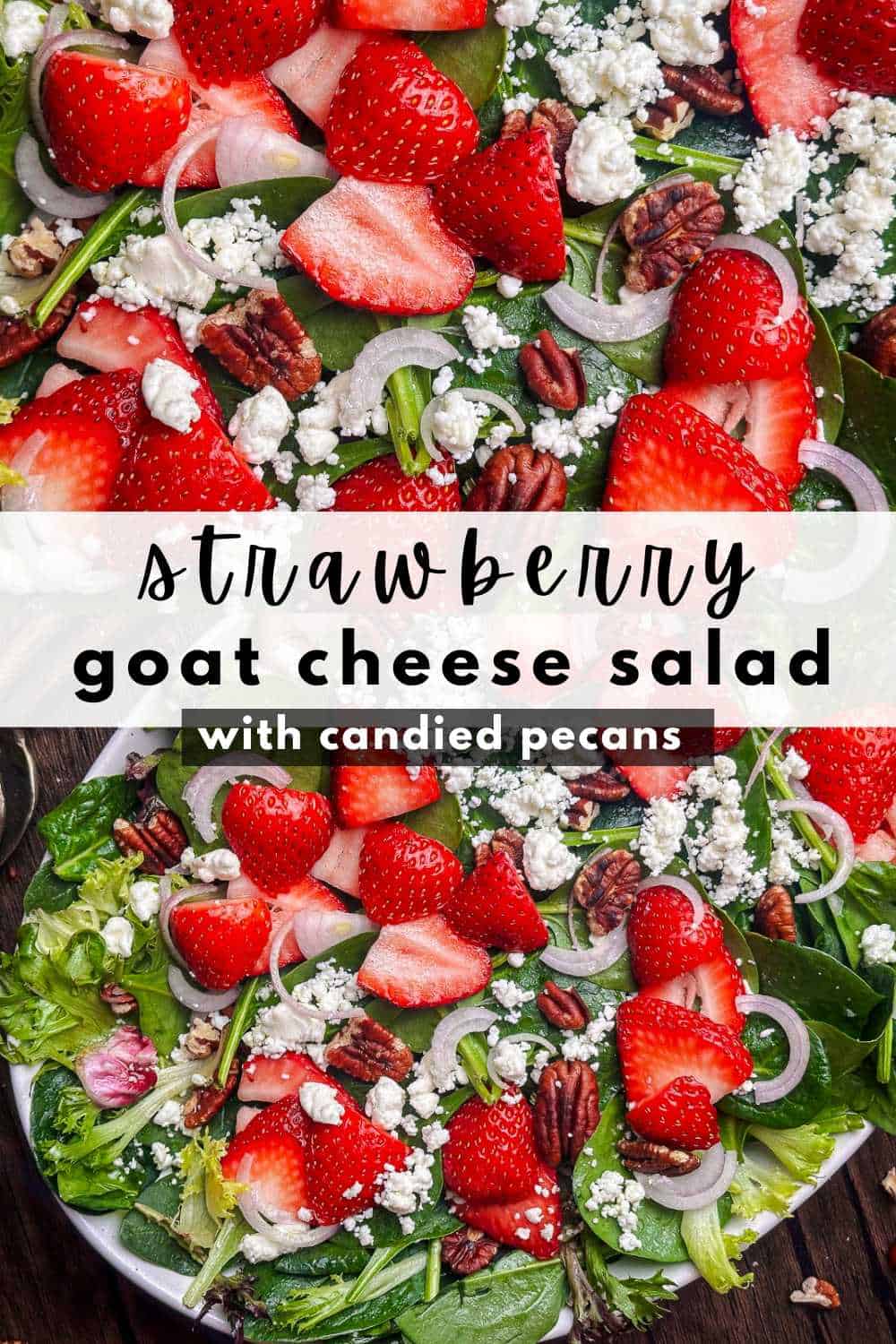 Mixed greens topped with sliced strawberries, goat cheese, and pecans.