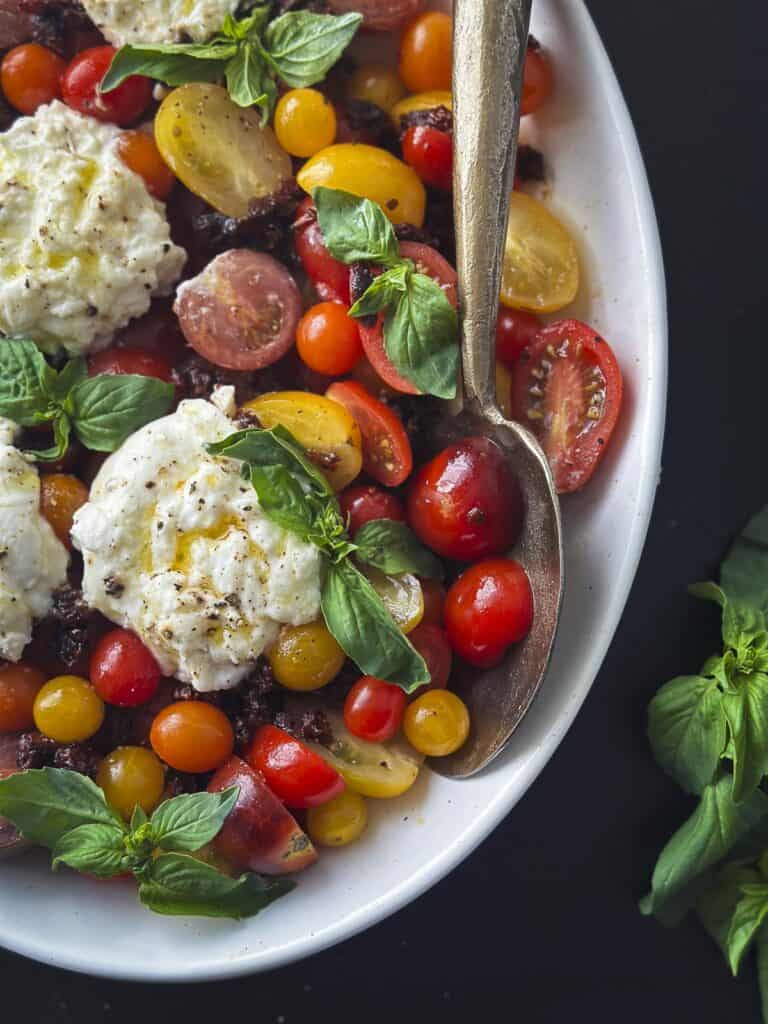 Burrata caprese salad with fresh basil leaves.
