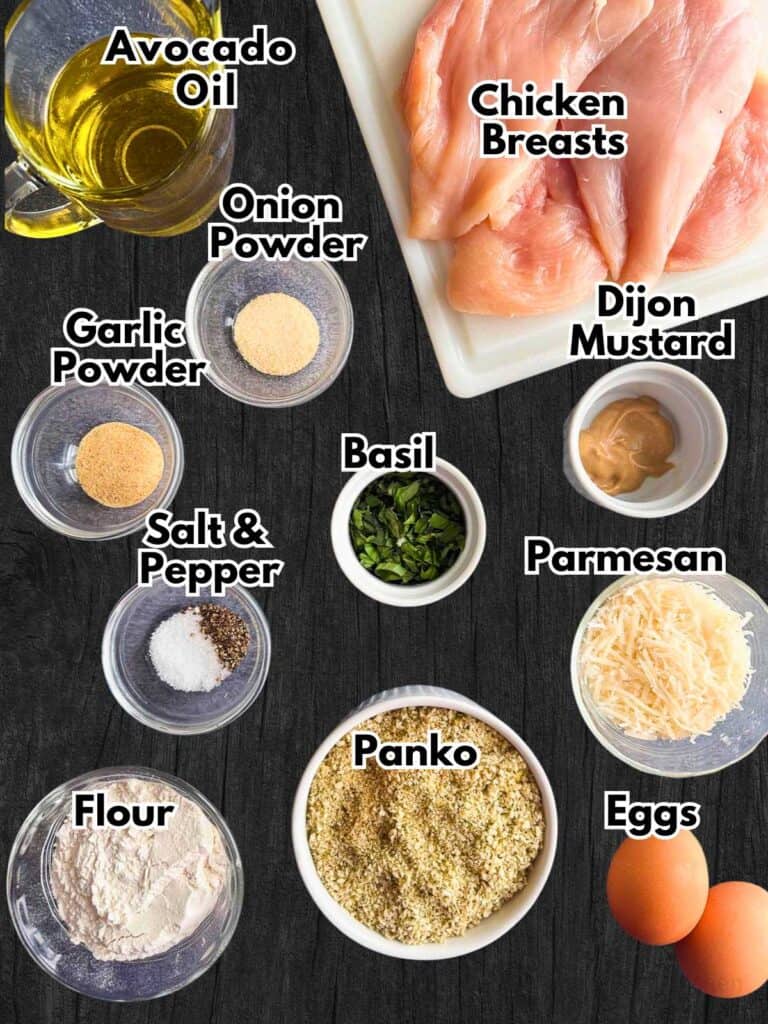 Ingredients laid out (mise en place) for Italian chicken cutlets recipe.