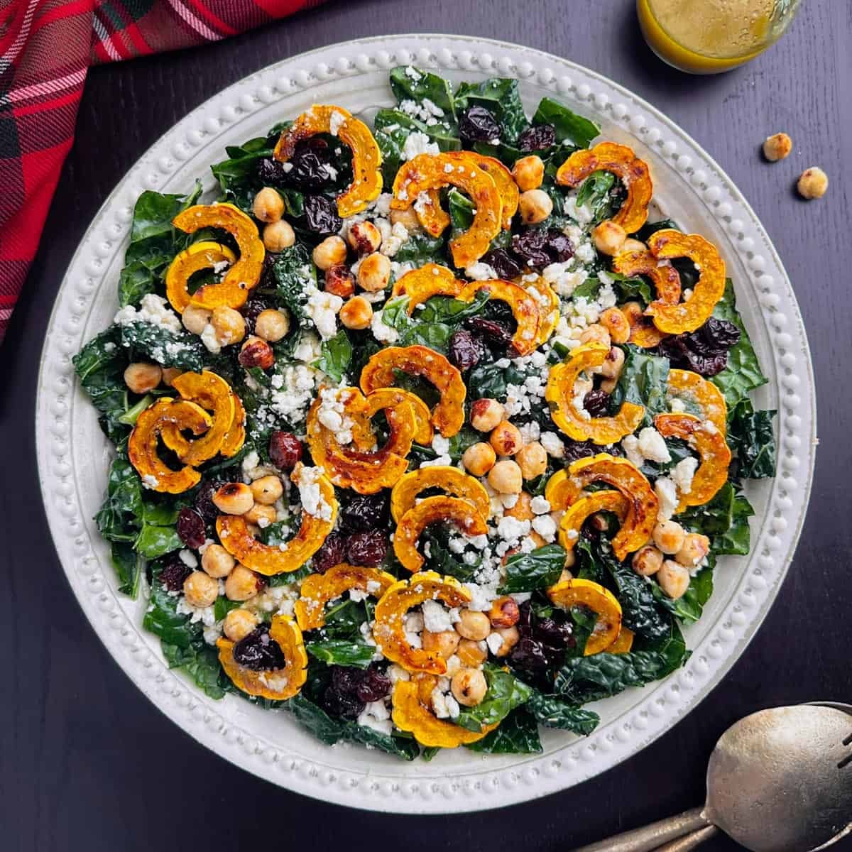 Kale salad with sliced roasted delicata squash, goat cheese, hazelnuts, and dried cherries