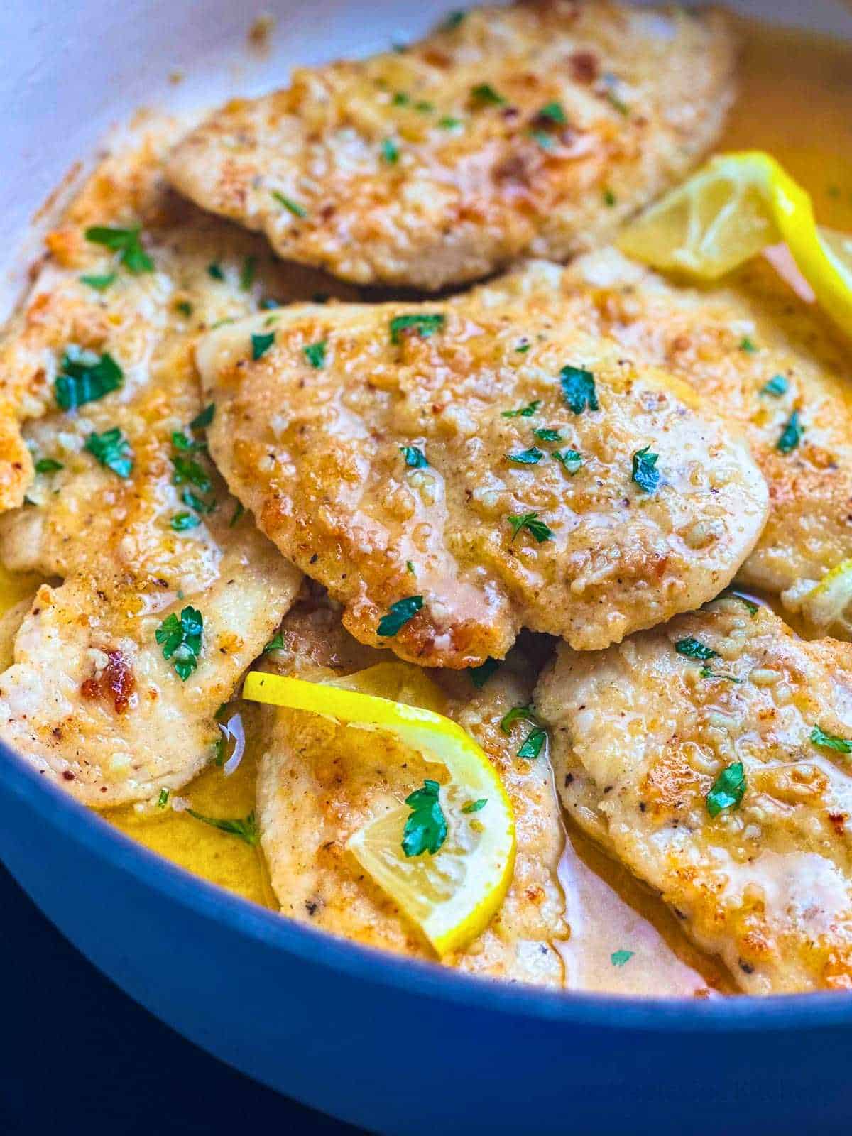 Italian-style chicken cutlets in a lemon butter pan sauce.