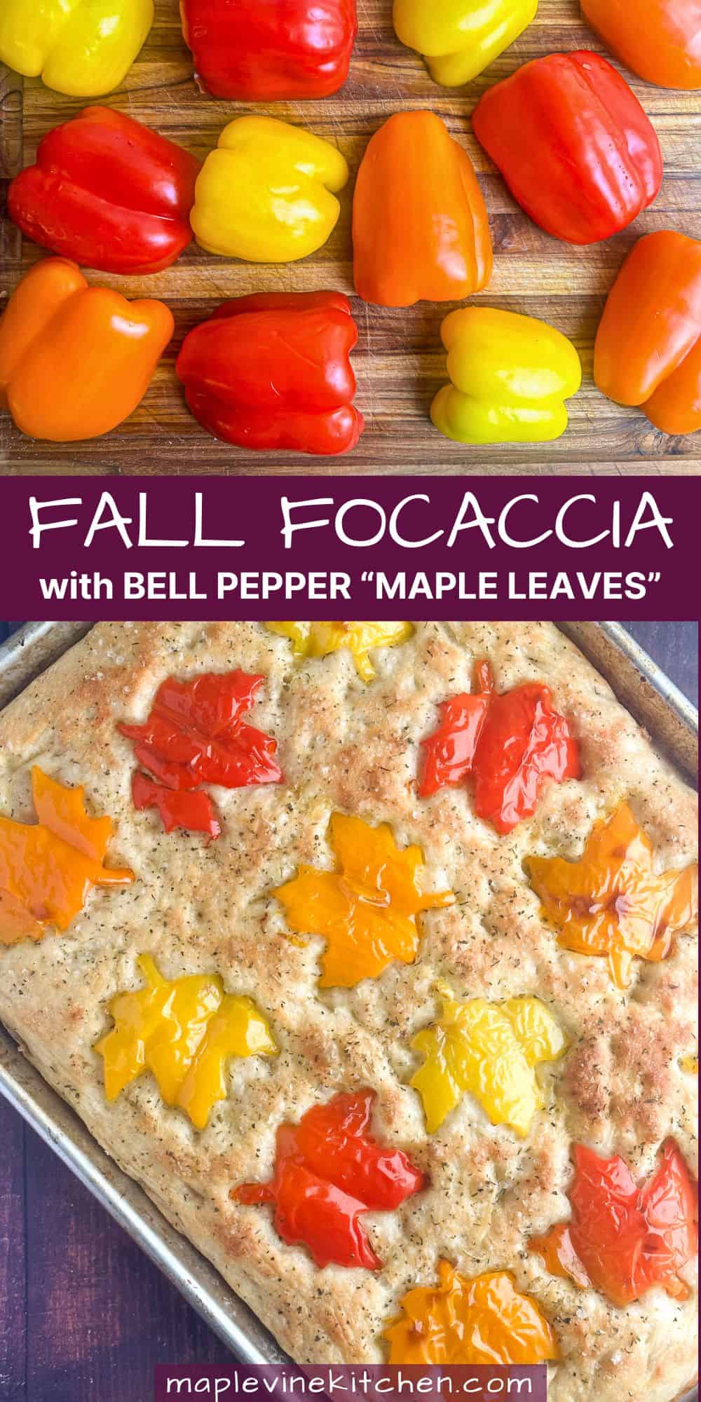 Colorful fall-themed focaccia with bell pepper maple leaves.
