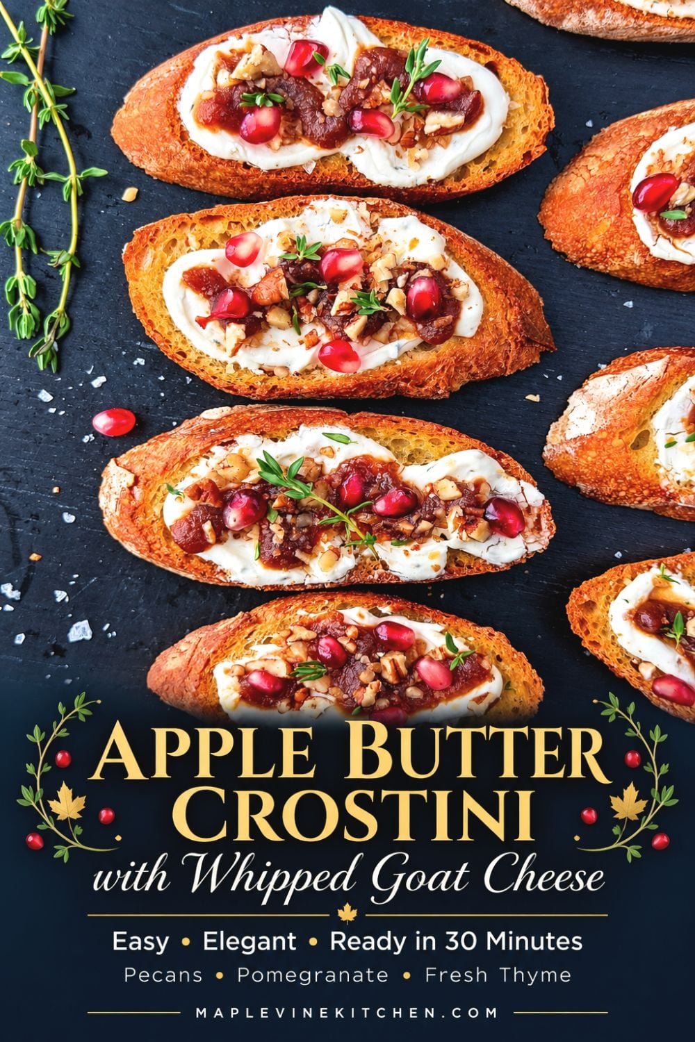 Apple butter crostini topped with whipped goat cheese, toasted pecans, pomegranate arils, and fresh thyme, with text describing the recipe as an easy, elegant 30-minute appetizer.