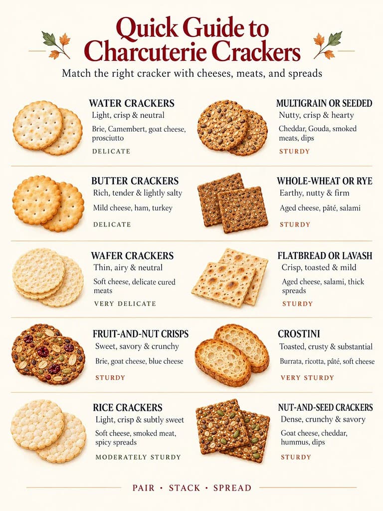 Charcuterie crackers infographic with pairings for with cheeses, meats, and spreads.