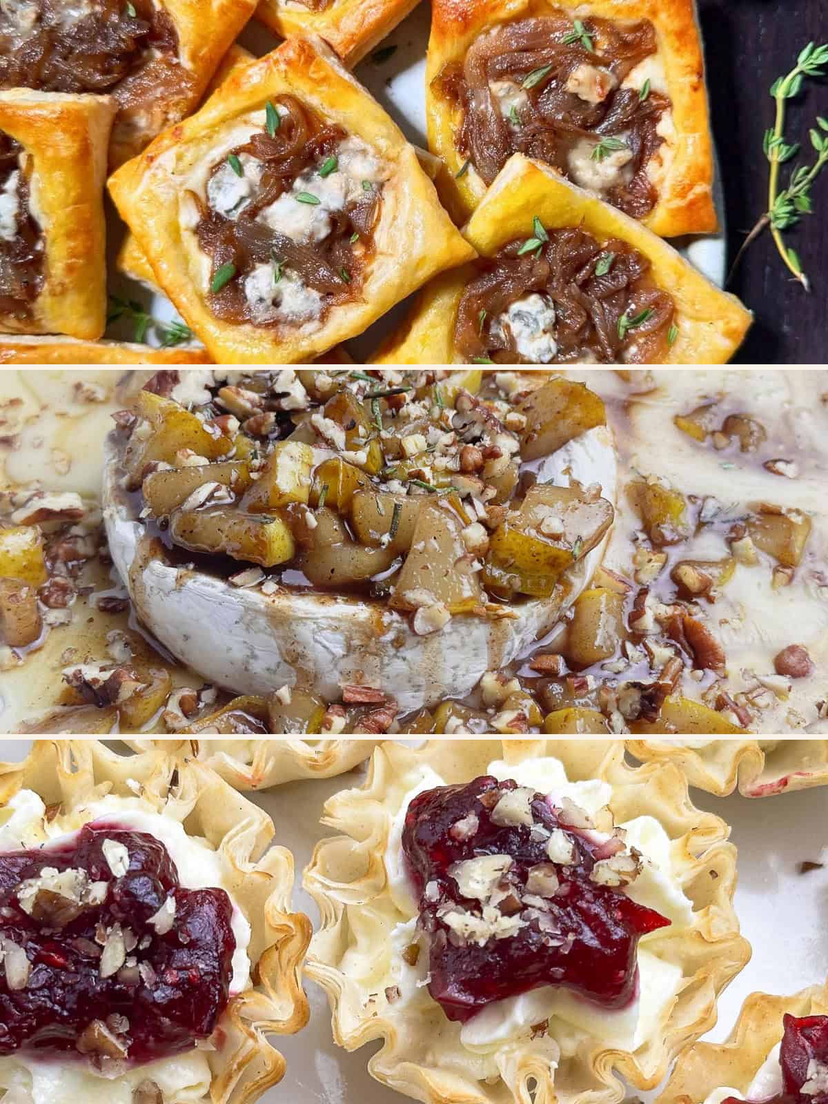 Caramelized onion tartlets, baked brie with spiced pears, and cranberry whipped feta tartlets for Christmas dinner.