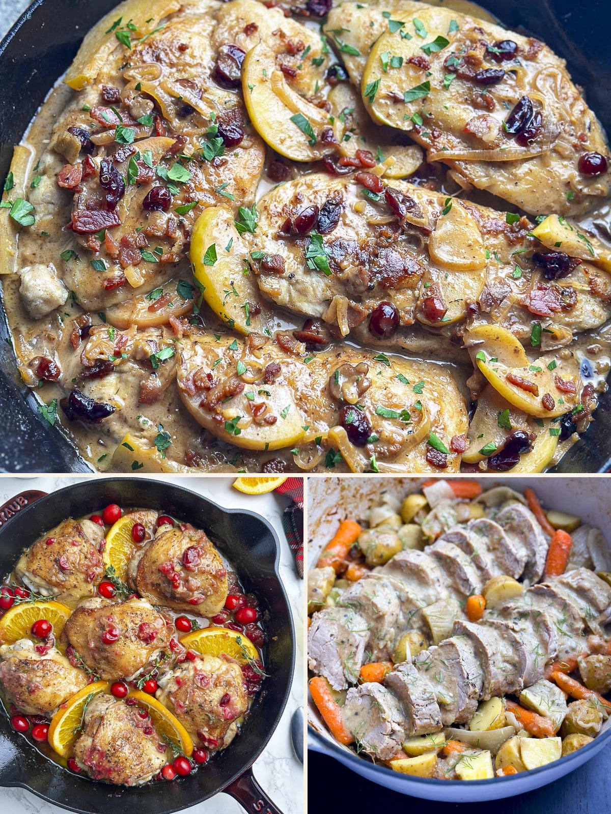Creamy cider chicken, cranberry-orange chicken, and Dutch oven pork tenderloin featured in three Christmas dinner menus.